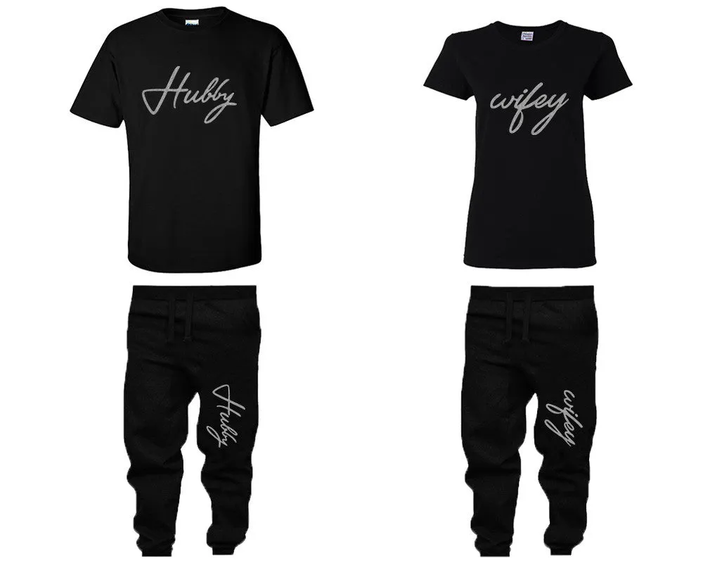 Hubby Wifey Couple Shirts and Jogger Pants,  Silver Glitter Design