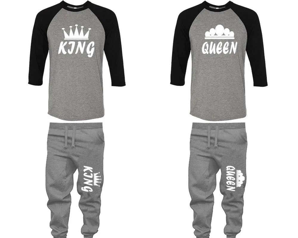 King Queen Couple Matching Baseball Shirts and Jogger Pants Top Bottom Sets