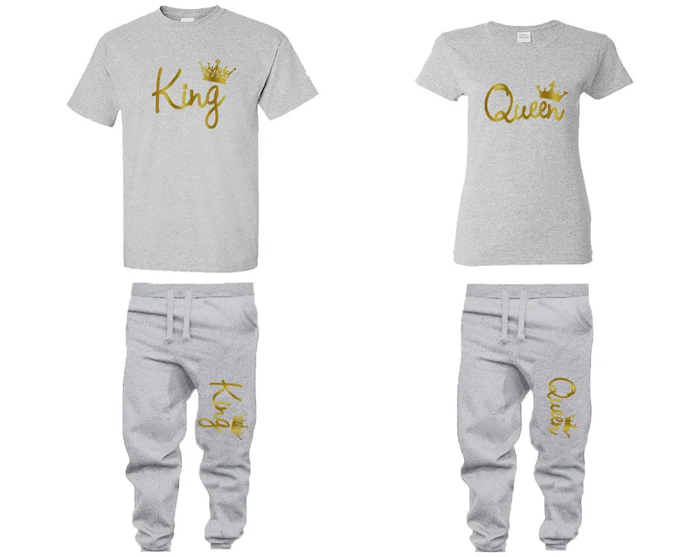 King Queen Couple Shirts and Jogger Pants, Gold Foil Design