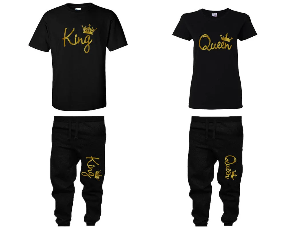 King Queen Couple Shirts and Jogger Pants, Gold Foil Design