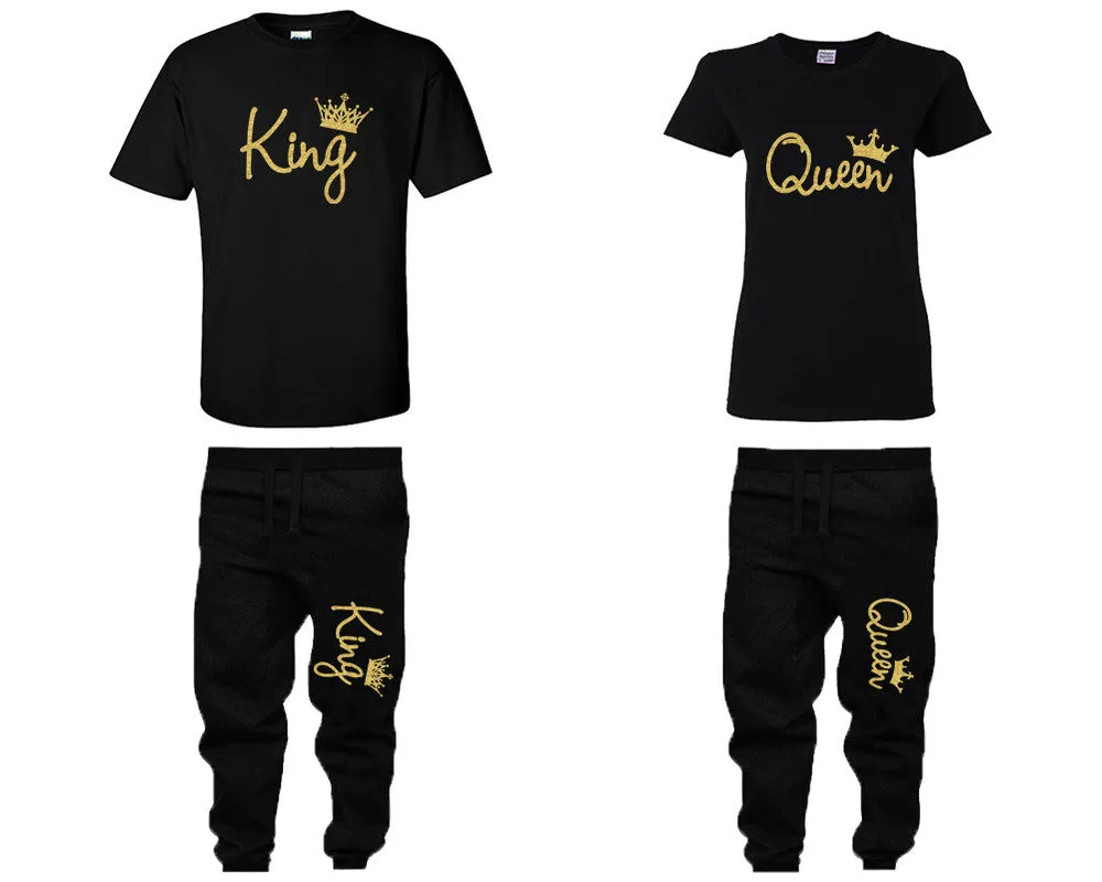 King Queen Couple Shirts and Jogger Pants, Gold Glitter Design