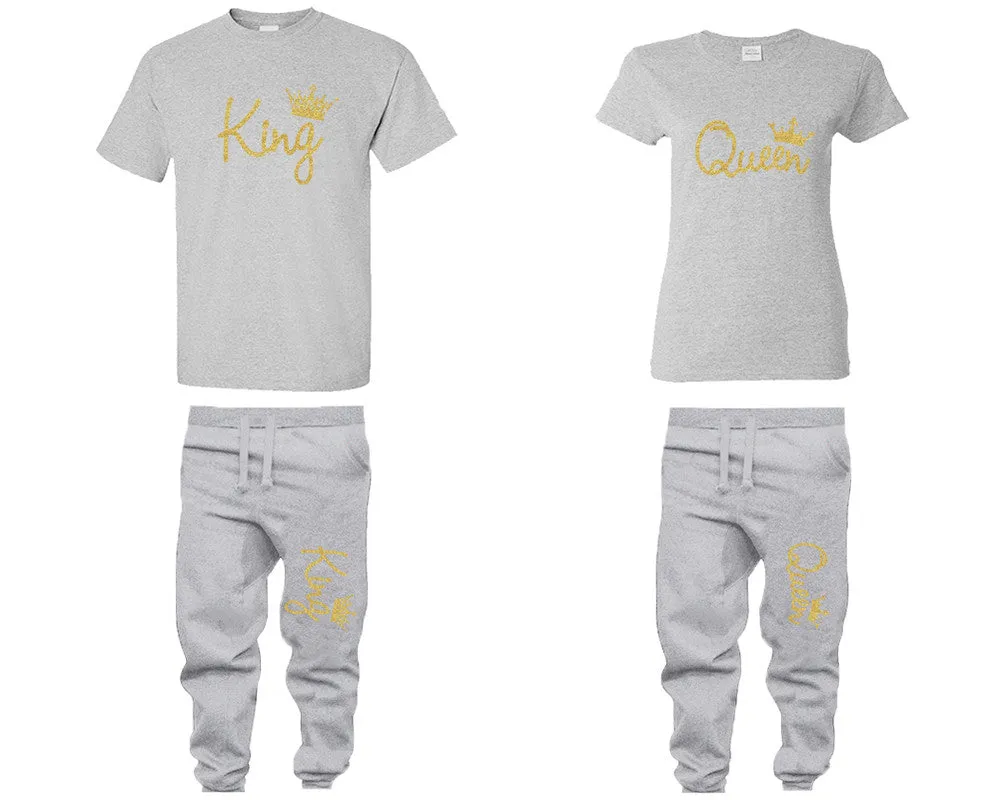 King Queen Couple Shirts and Jogger Pants, Gold Glitter Design