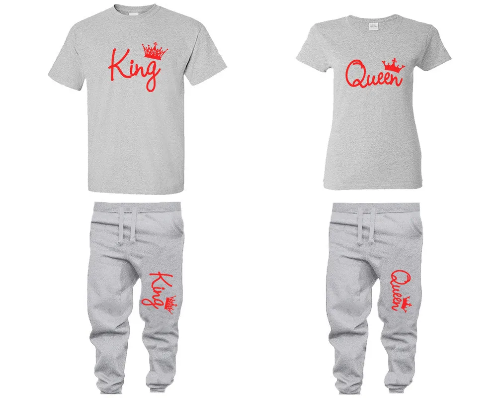 King Queen Couple Shirts and Jogger Pants, Red Design