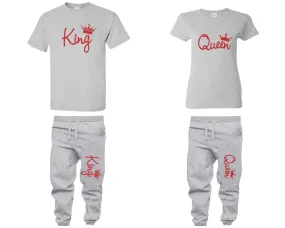 King Queen Couple Shirts and Jogger Pants, Red Glitter Design