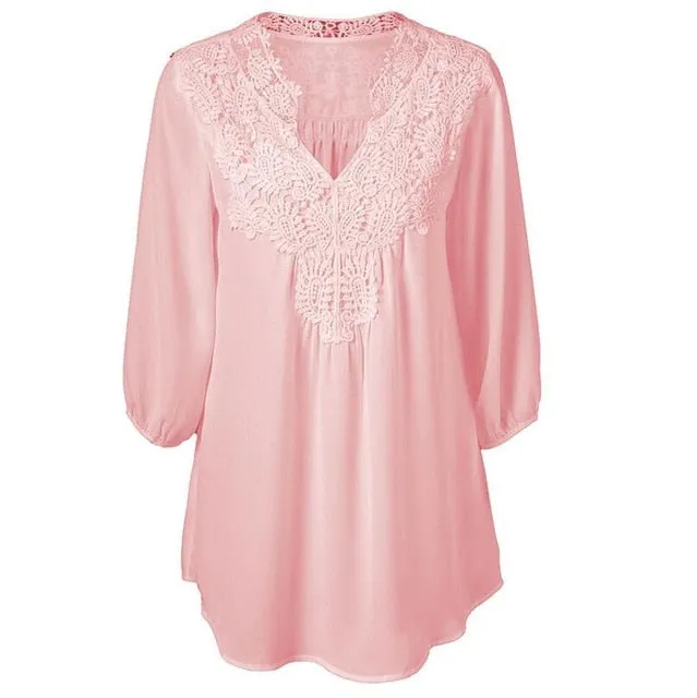 Lace Chiffon Hollow V-neck Shirts Plus Size