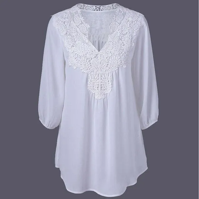 Lace Chiffon Hollow V-neck Shirts Plus Size