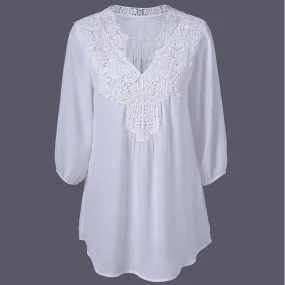 Lace Chiffon Hollow V-neck Shirts Plus Size