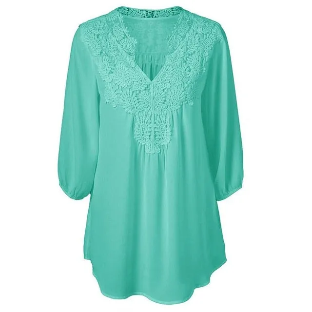 Lace Chiffon Hollow V-neck Shirts Plus Size