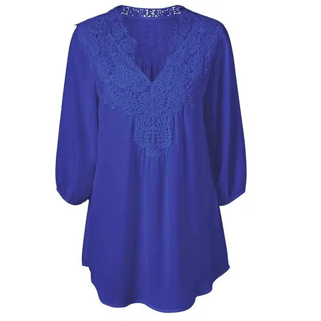 Lace Chiffon Hollow V-neck Shirts Plus Size