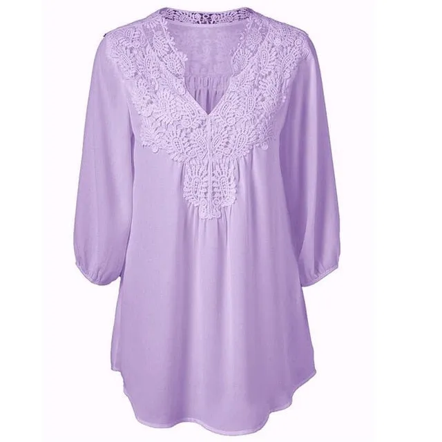 Lace Chiffon Hollow V-neck Shirts Plus Size