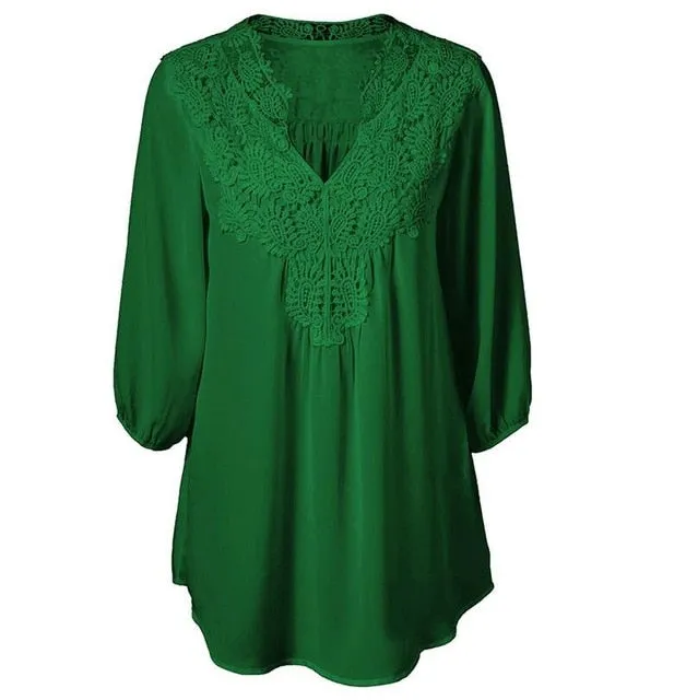 Lace Chiffon Hollow V-neck Shirts Plus Size