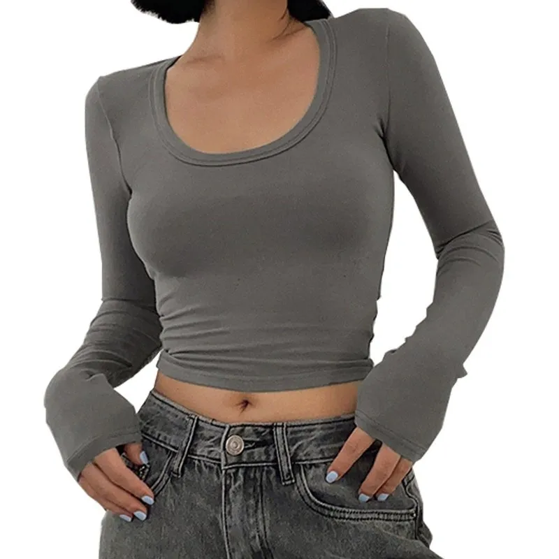 Long Sleeved T-Shirt Women's Short Round Neck T-Shirt