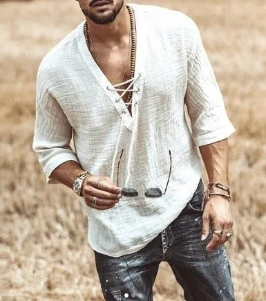 Men's Fashion Hippie Linen Shirt Casual Middle Sleeve V Neck Summer Beach Loose Tee Tops Solid Color T shirts  2020 New