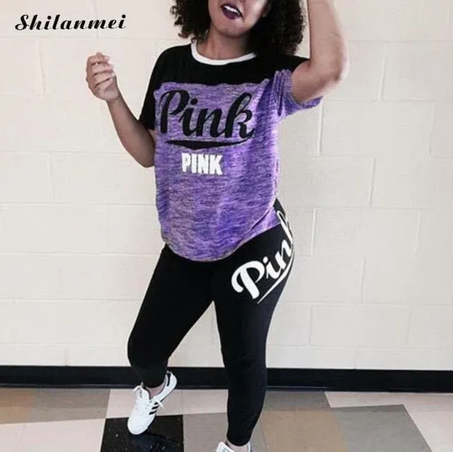 PINK Printing Women'S Outfits Short Sleeve T-Shirts And Long Pants 2 Piece Set Fitness Plus Size