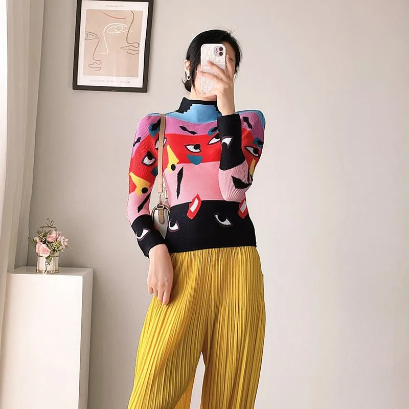 Pleated Print Tops Small Shirts Women's Autumn High Neck Slim Design Sense Bottoming Shirts Long Sleeves