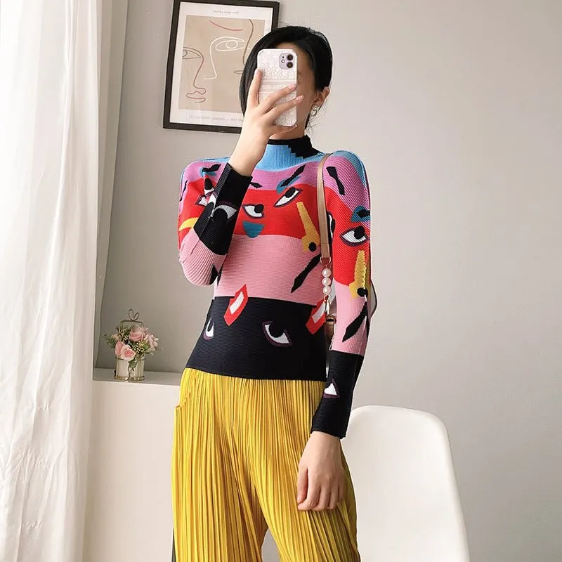 Pleated Print Tops Small Shirts Women's Autumn High Neck Slim Design Sense Bottoming Shirts Long Sleeves