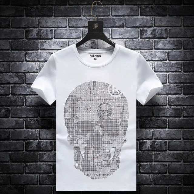 Plus Size 2020 Skull Rhinestones T Shirts Men Summer Clothes Short Sleeve Man Streetwear O Neck Slim Tshirts Calaveras Camiseta