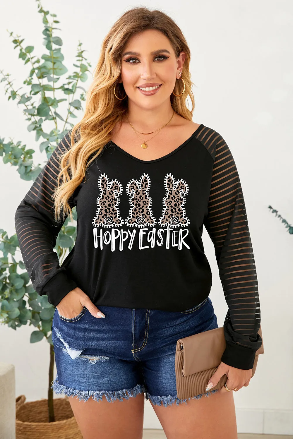 Plus Size Happy Easter T-Shirt for Women Bunny Rabbit Graphic Sheer Shirts Tops