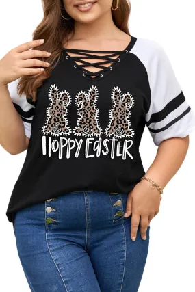 Plus Size Tops for Women Happy Easter Leopard Bunny Print V Neck Criss Cross T-Shirts