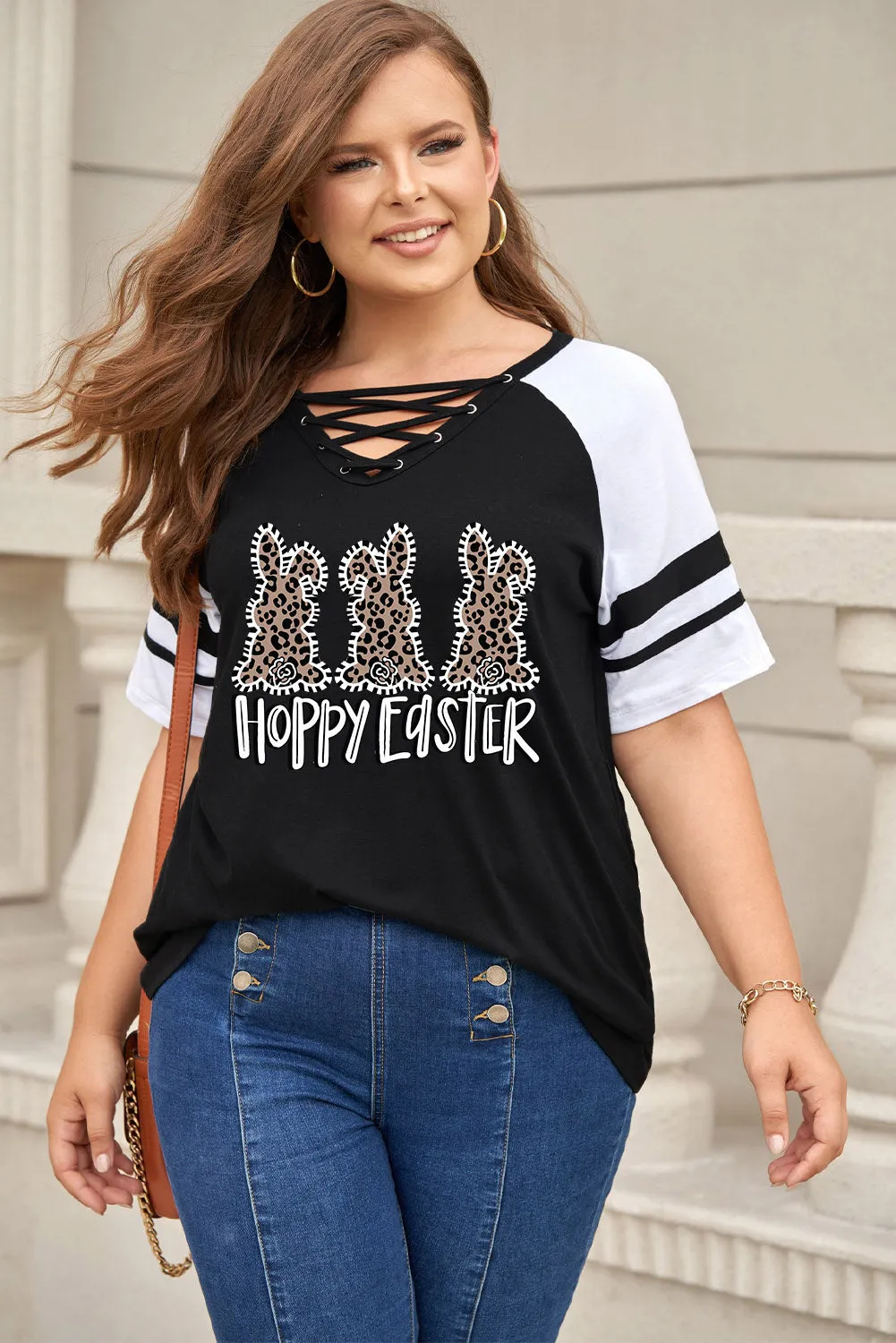 Plus Size Tops for Women Happy Easter Leopard Bunny Print V Neck Criss Cross T-Shirts