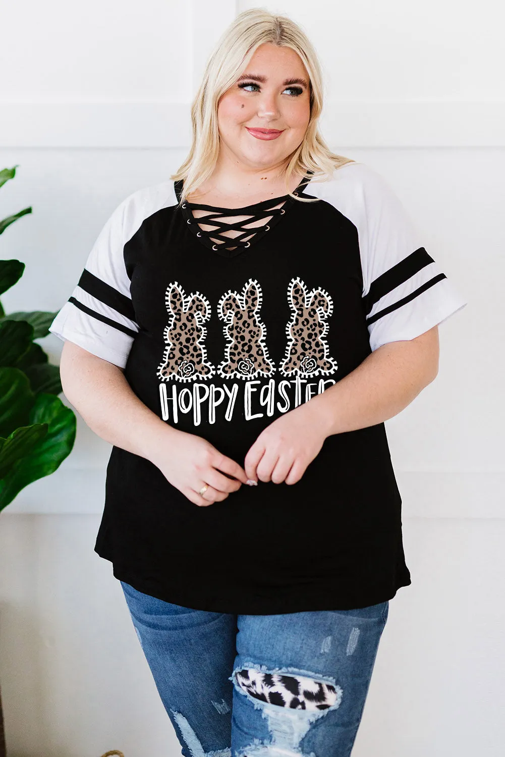 Plus Size Tops for Women Happy Easter Leopard Bunny Print V Neck Criss Cross T-Shirts