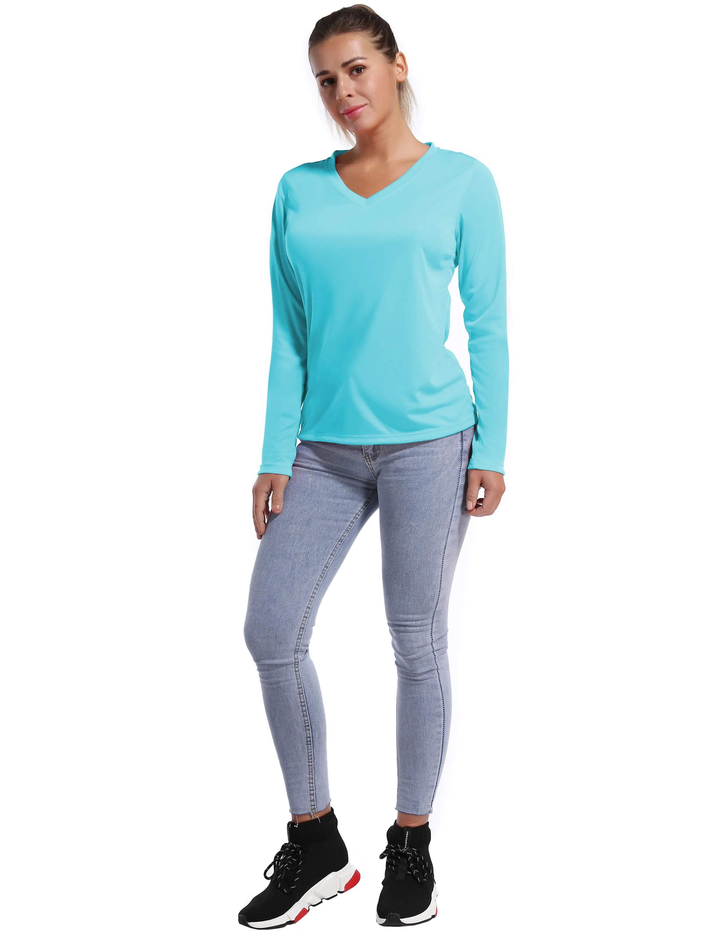 V Neck Long Sleeve Athletic Shirts blue