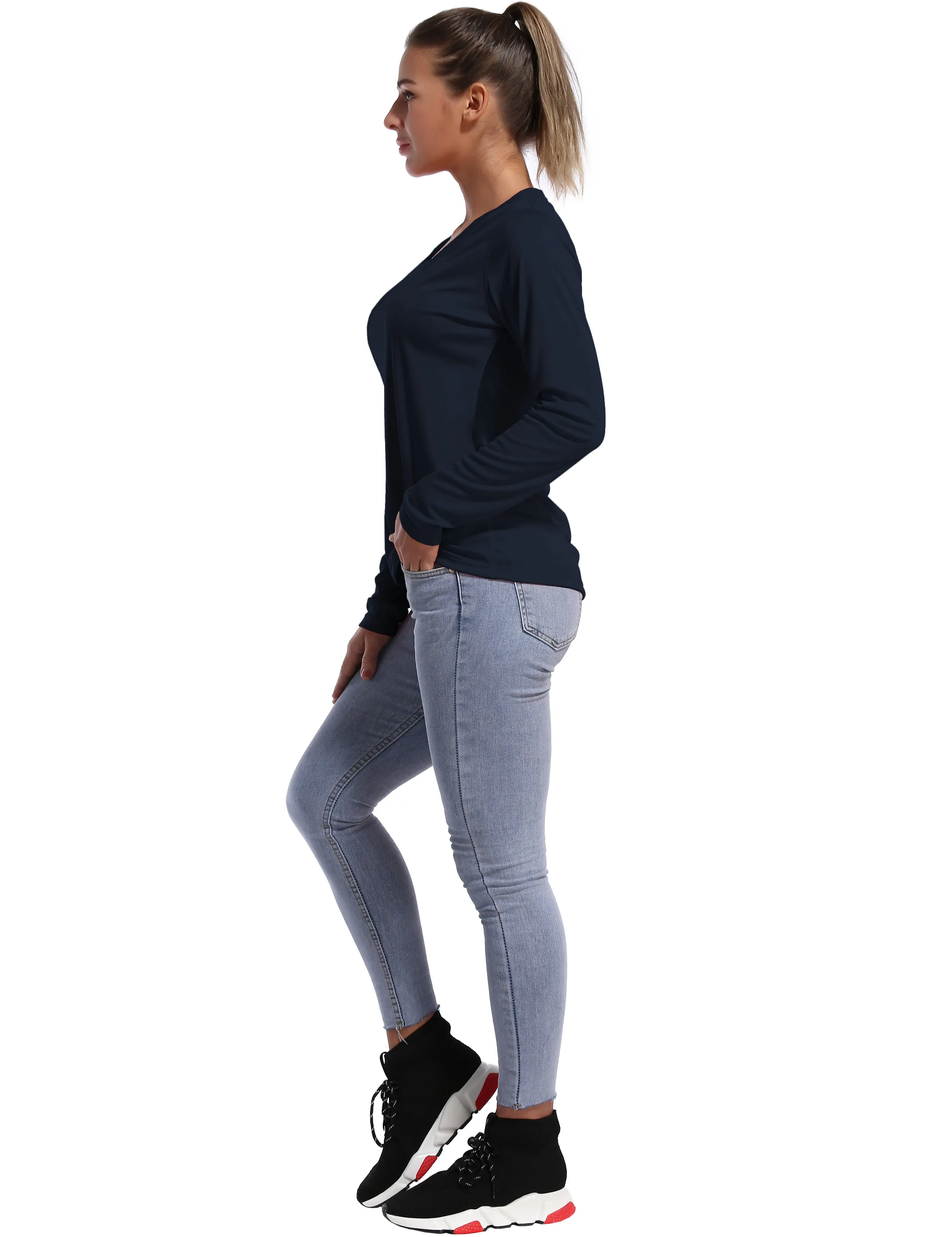 V Neck Long Sleeve Athletic Shirts darknavy_yogastudio