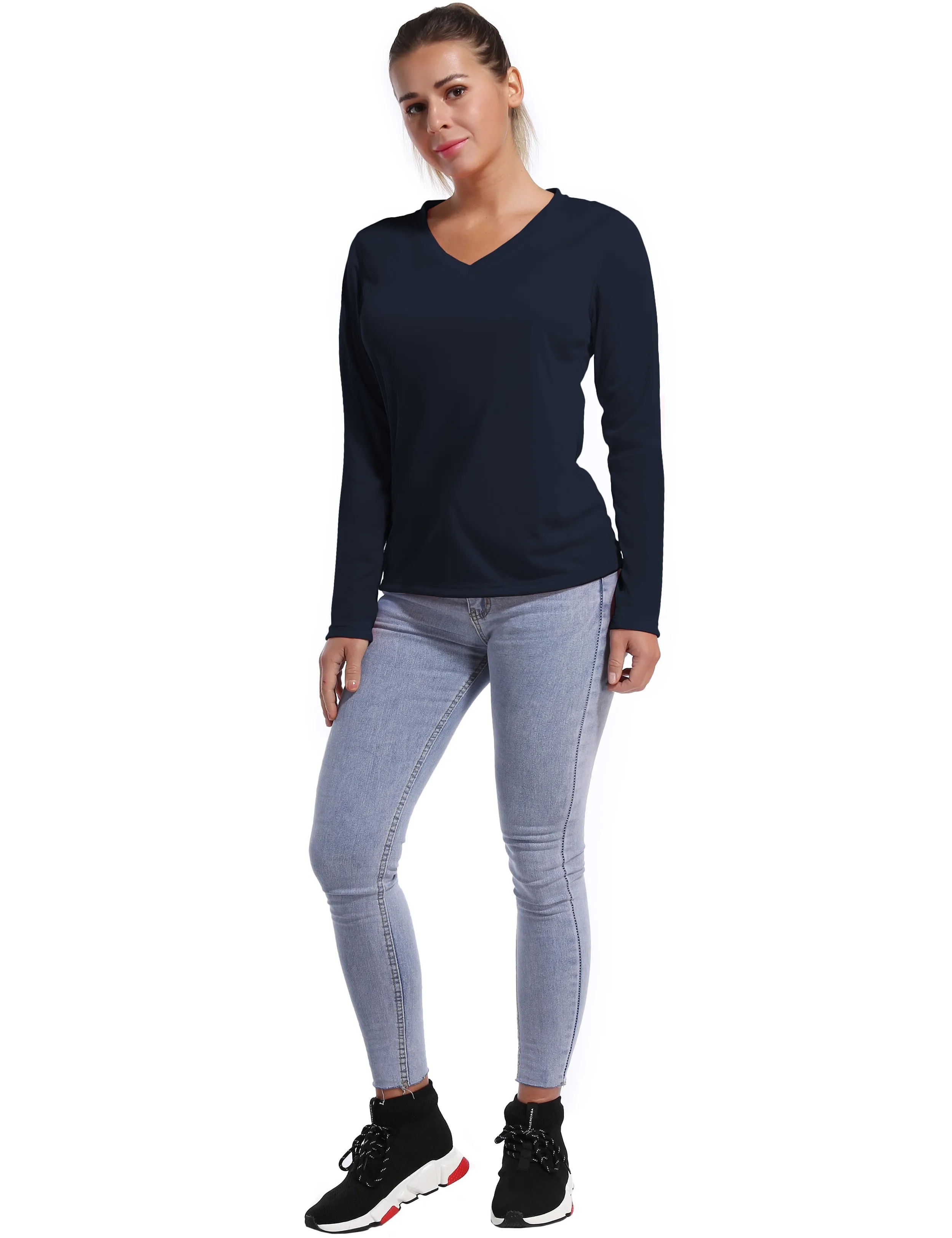 V Neck Long Sleeve Athletic Shirts darknavy_yogastudio