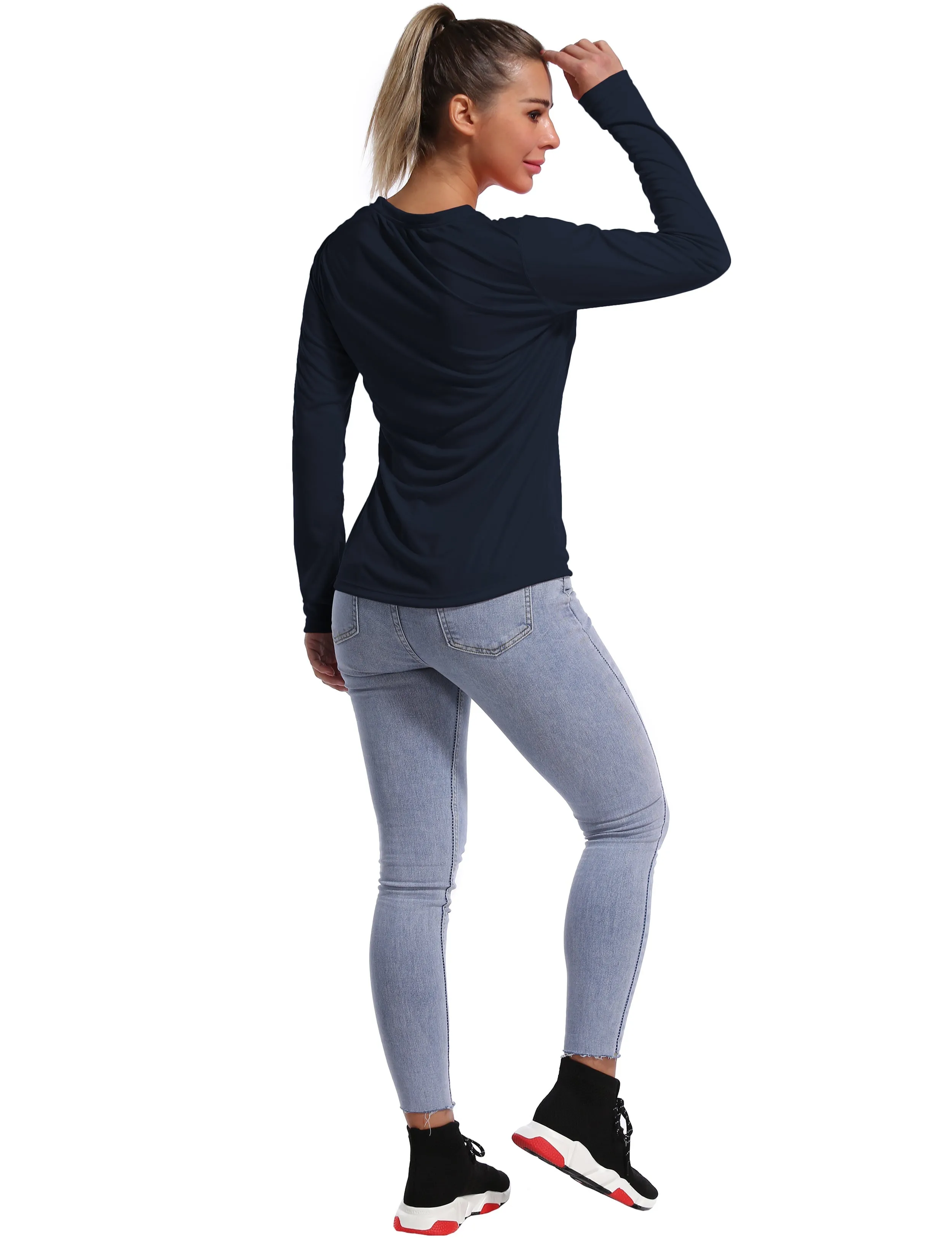 V Neck Long Sleeve Athletic Shirts darknavy_yogastudio