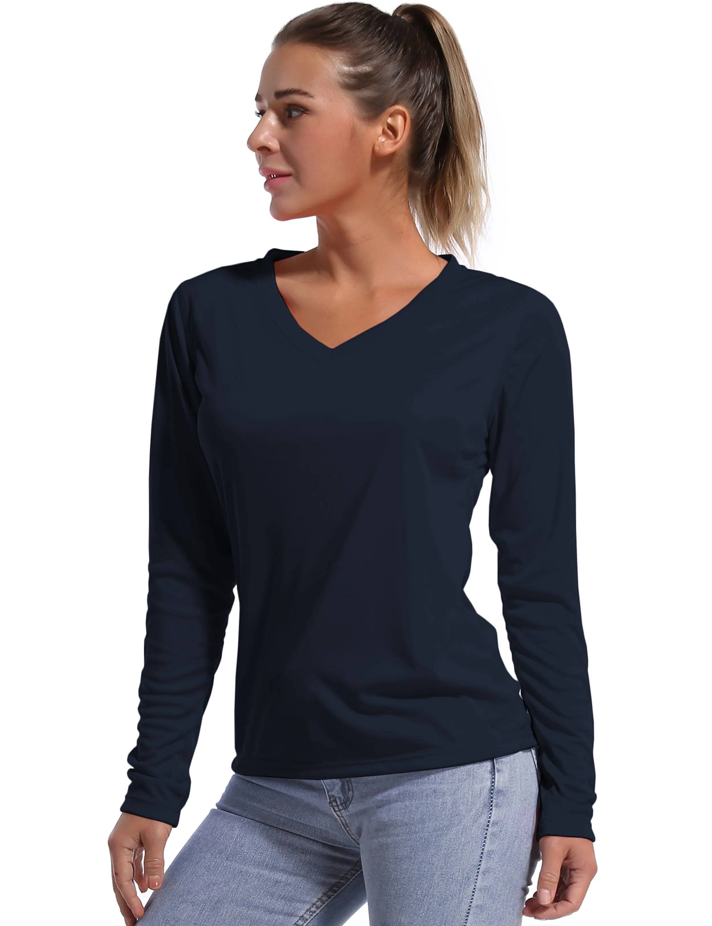 V Neck Long Sleeve Athletic Shirts darknavy_yogastudio