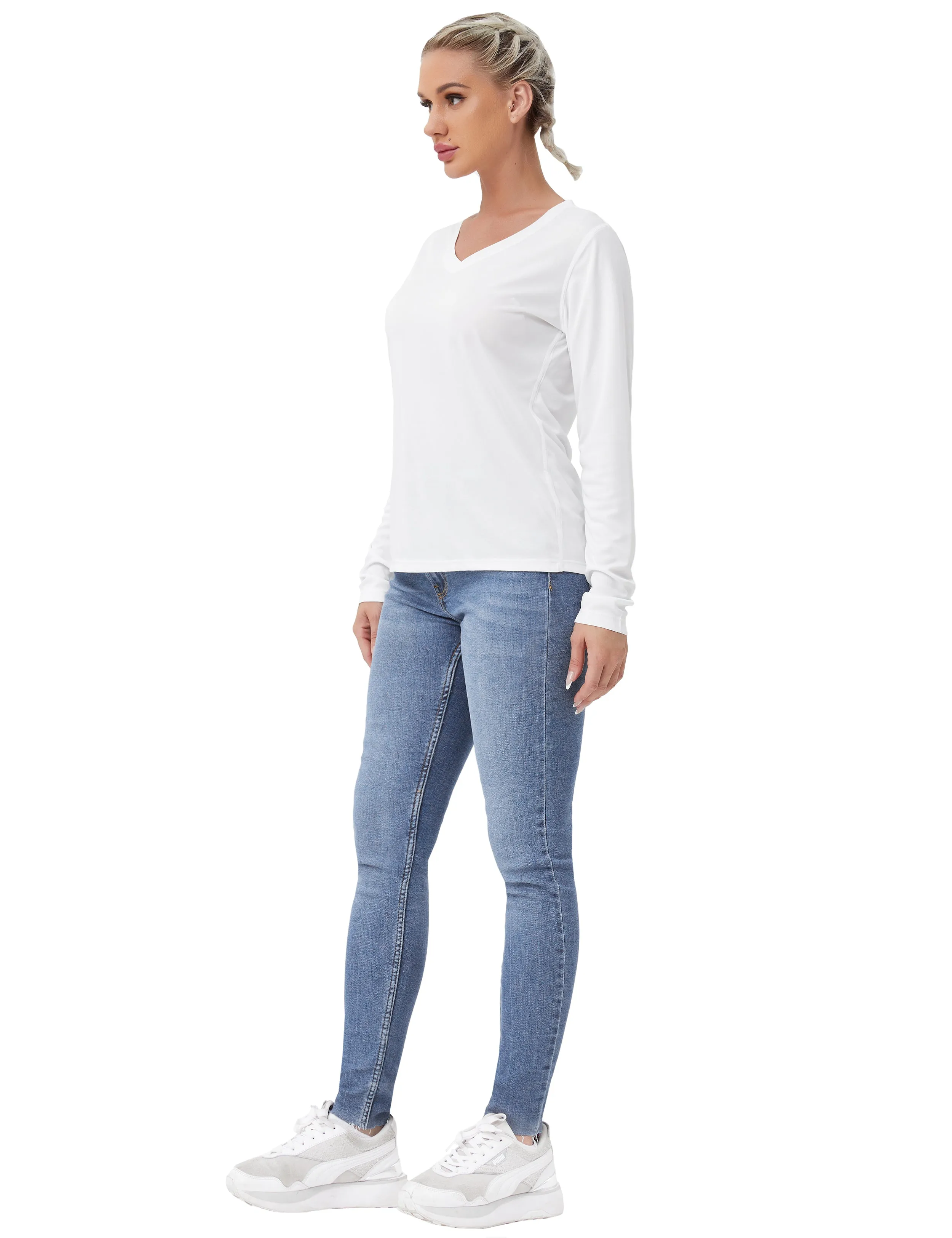 V Neck Long Sleeve Athletic Shirts white