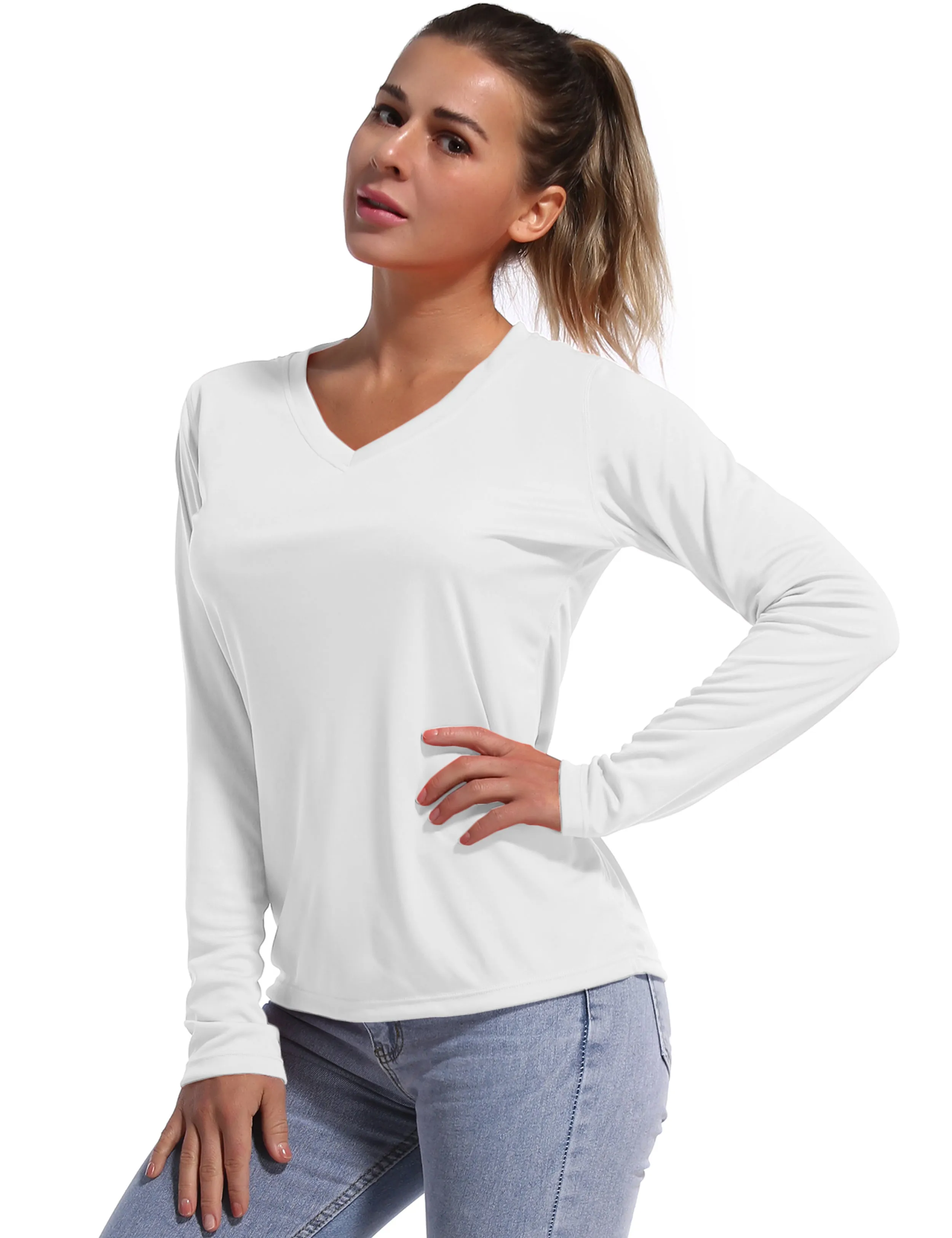 V Neck Long Sleeve Athletic Shirts white