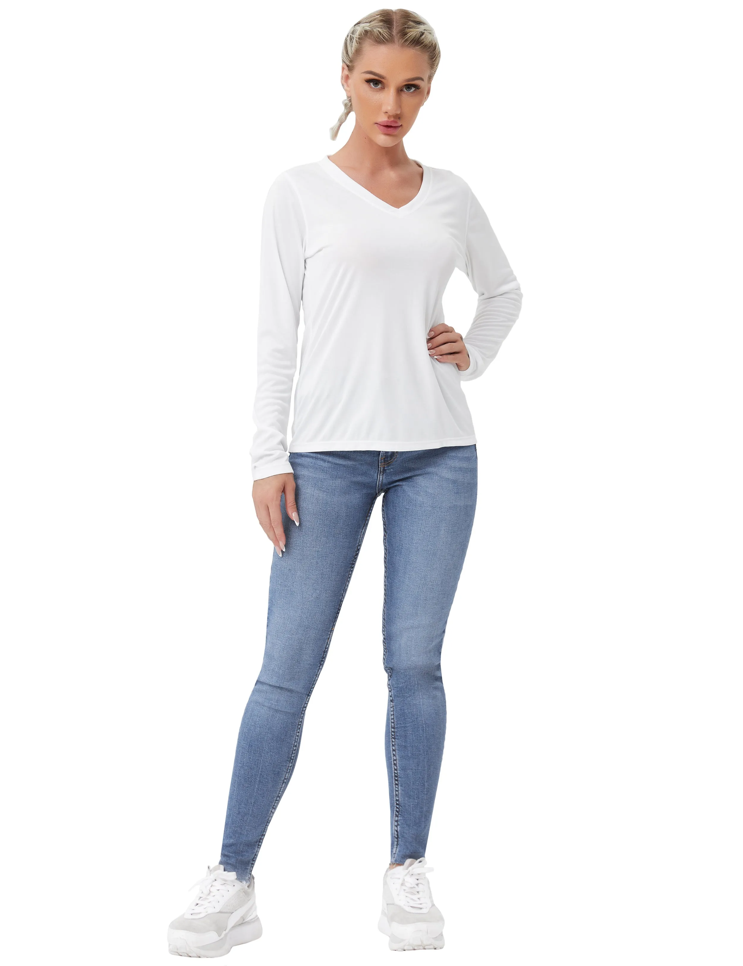 V Neck Long Sleeve Athletic Shirts white