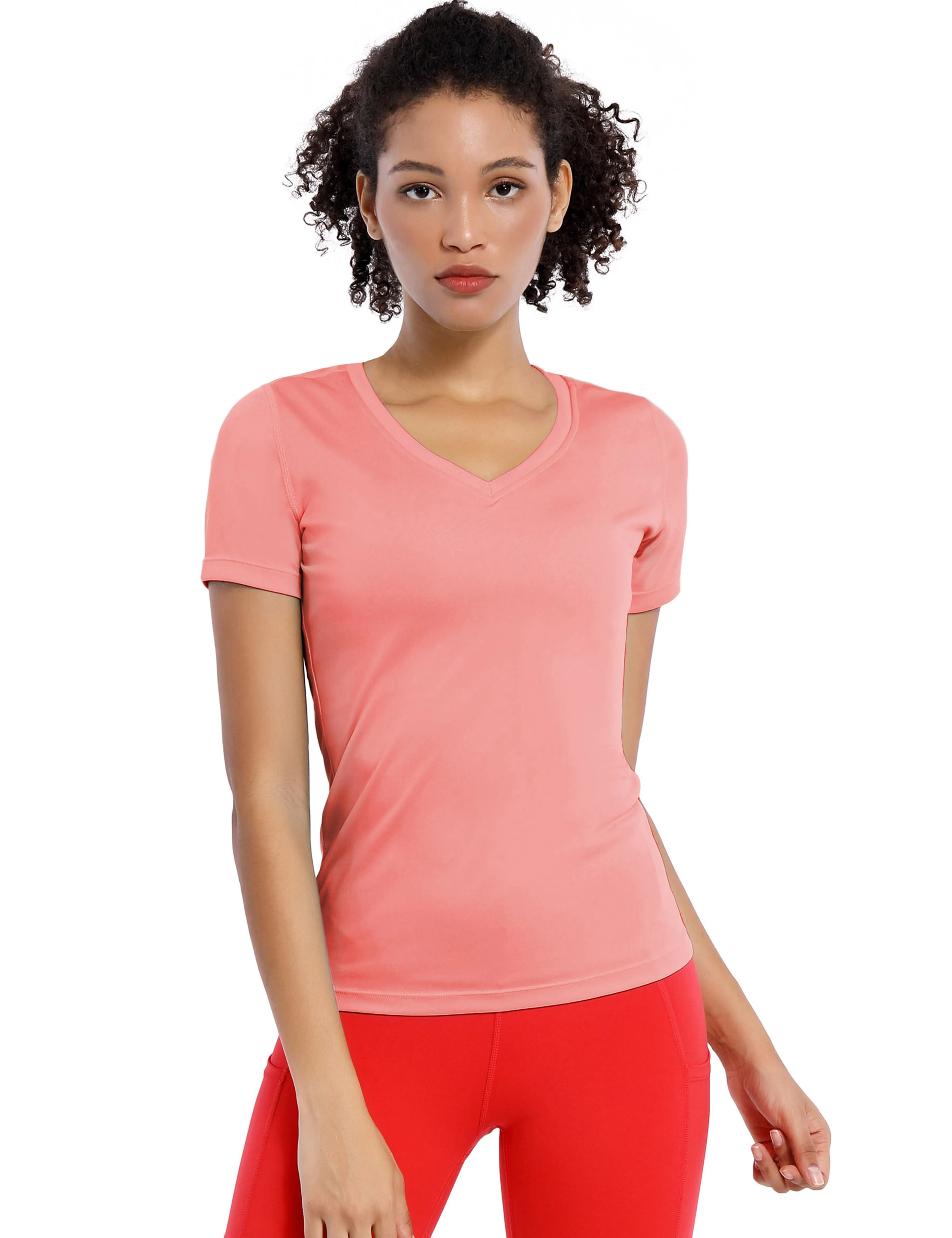 V-Neck Short Sleeve Athletic Shirts coral_yogastudio